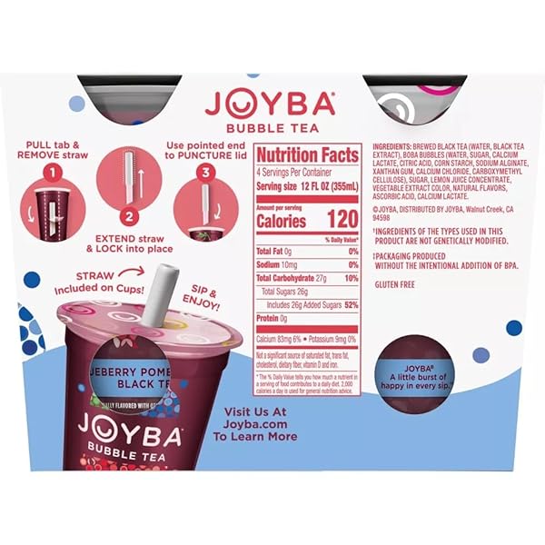JOYBA BLUEBERRY POMEGRANATE BLACK TEA BUBBLE TEA, 12 FL OZ CUP (PACK OF 4)