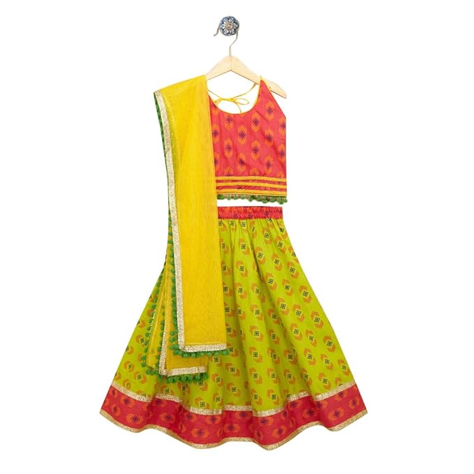 Kids Chakra By Hopscotch Girls Cotton Sleeveless All Over Printed Lehengas And Blouses Set With Dupatta in Green Color