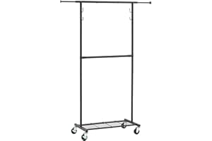 Gewudraw Black Rolling Garment Rack, Portable Clothes Rack on Wheels, Extendable Clothing Rack with Bottom Shelves and Hooks, Adjustable Small Closet Organizers