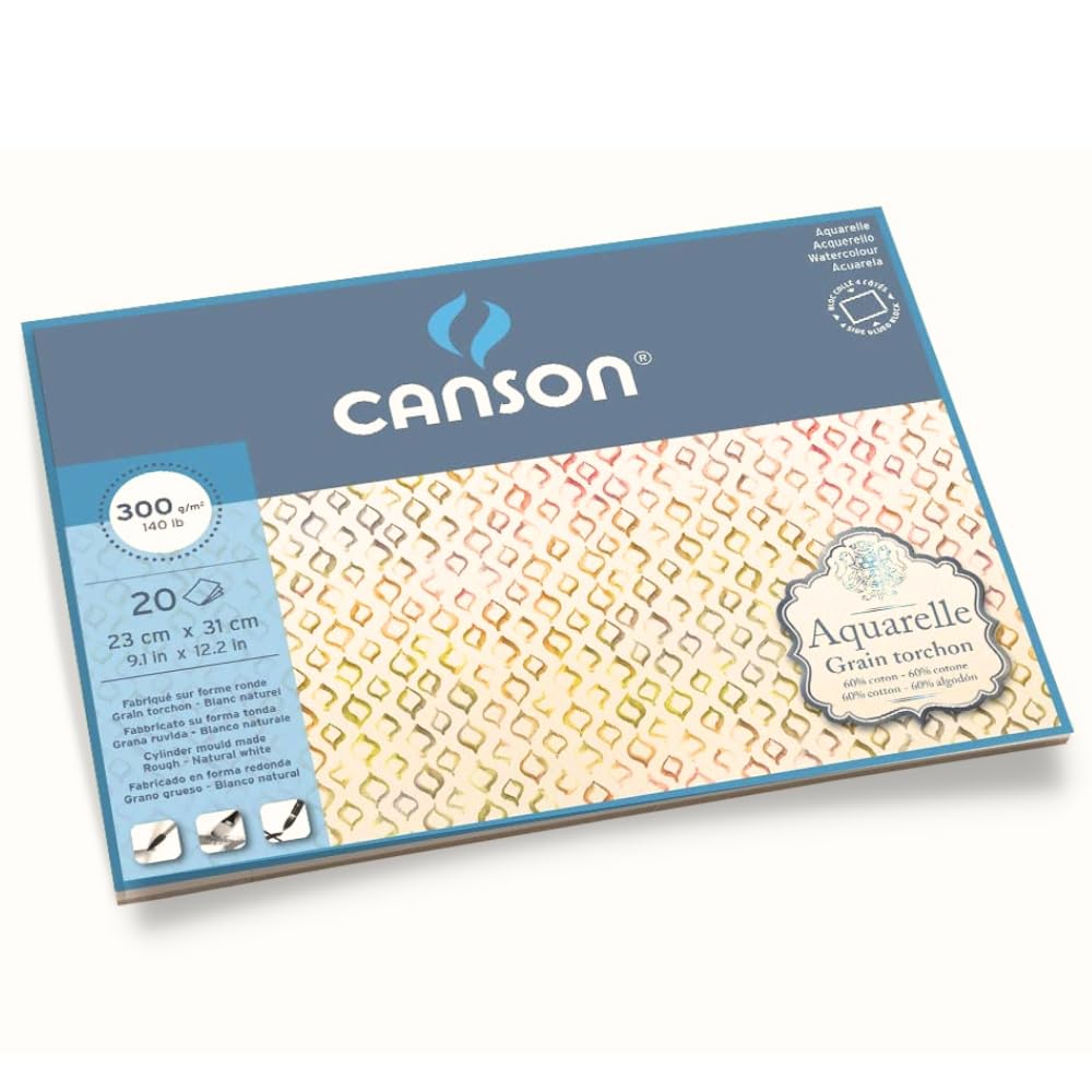 CANSON Aquarelle Watercolour Rough 300gsm Paper, Block Glued 4 Sides, 23x31cm Natural White 20 Sheets, For Professional Artists