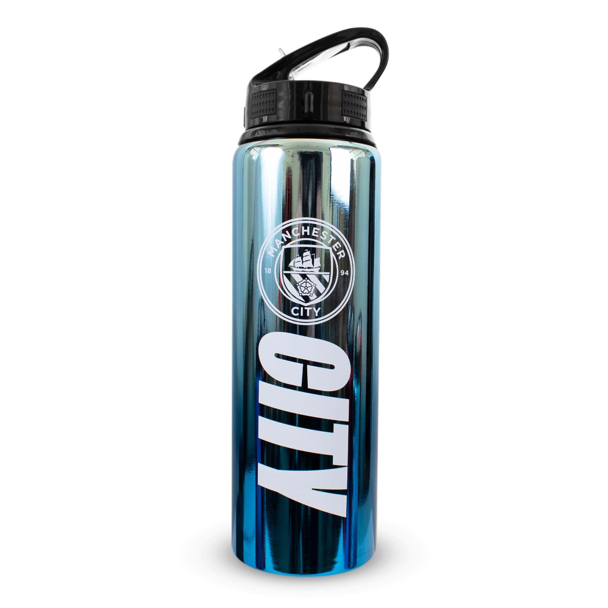 Hy-Pro Officially Licensed Manchester City F.C 750ml Aluminium UV Bottle,Integrated Folding Straw, Neochrome Finish, Leakproof, Lightweight, BPA Free, Man City, Blue