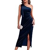 Wenrine Women's One Shoulder Velvet Dresses Slim Fitted Slit Faux Wrap Sexy Bodycon Evening Dress