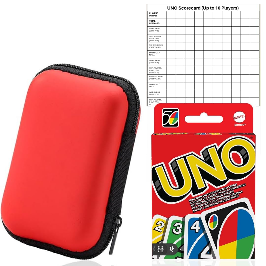 BUSHE Products Uno Card Game, Uno Case and 5 x Scorecards | Playing Cards, Travel Games, Kids Games, Card Games, Travel Games for Adults, Game Night, Family Game