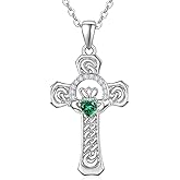 TANGPOET Claddagh Cross Necklace for Women 925 Sterling Silver Celtic Cross Pendant Irish Jewelry with Emerald Green Stone Gifts for Her Birthday Baptism with 18"+2" Chain