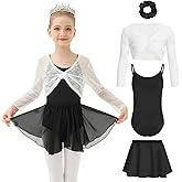 JiAmy Girls Ballet Leotards 4 Pcs Dance Outfits Combo with Mesh Cardigan, Removable Skirt for 3-12 Years