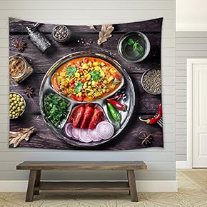 Indian Mutter Paneer Dish with Spices on The Wooden Background - Fabric Wall Tapestry Home Decor - 51x60 inches