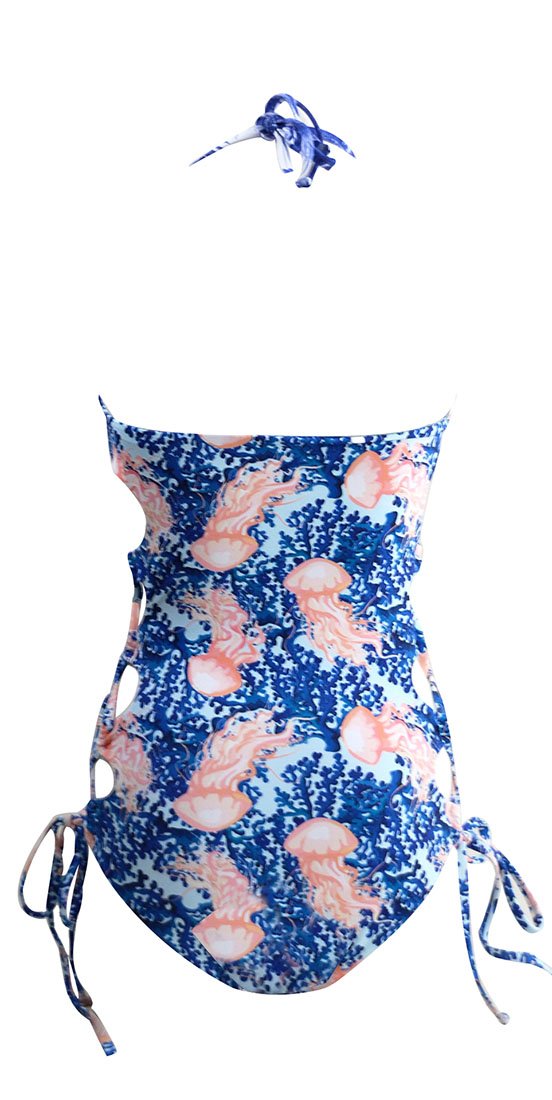 DFXIU Costume Da Bagno Reversibile Con Stampa Per Donne a Righe Monokini Beachwear Monocolore Striscia Fiori Blu