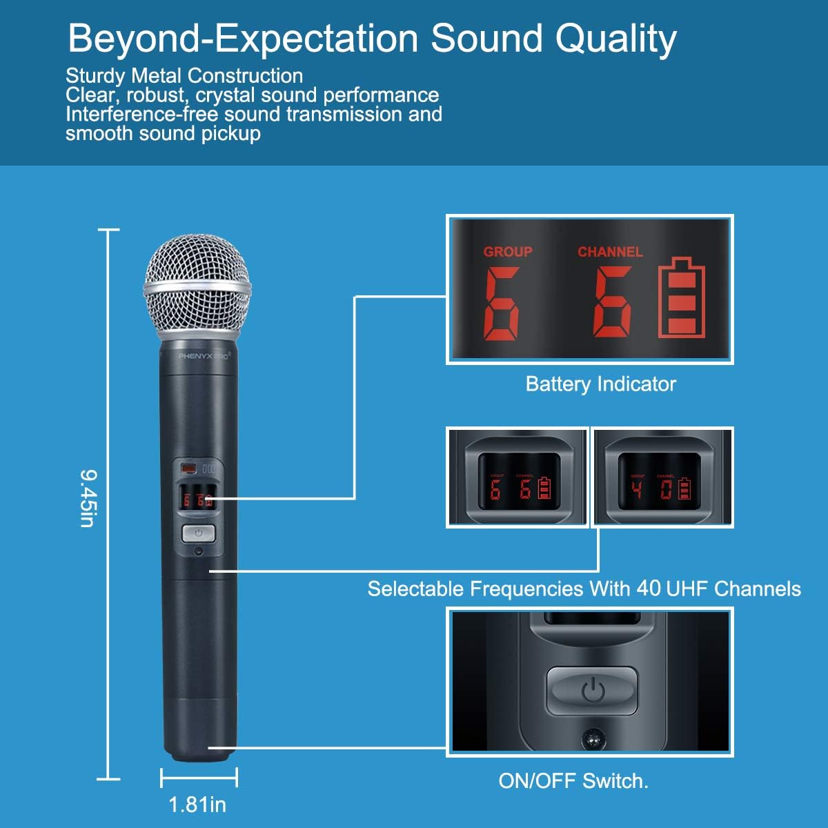 Wireless Microphone System, Phenyx Pro Quad Channel Cordless Mic Set with Metal Handheld Mics, 4x40 Channels, Auto Scan, Long Distance 328ft, Ideal for DJ, Church, Outdoor Events (PTU-7000A)