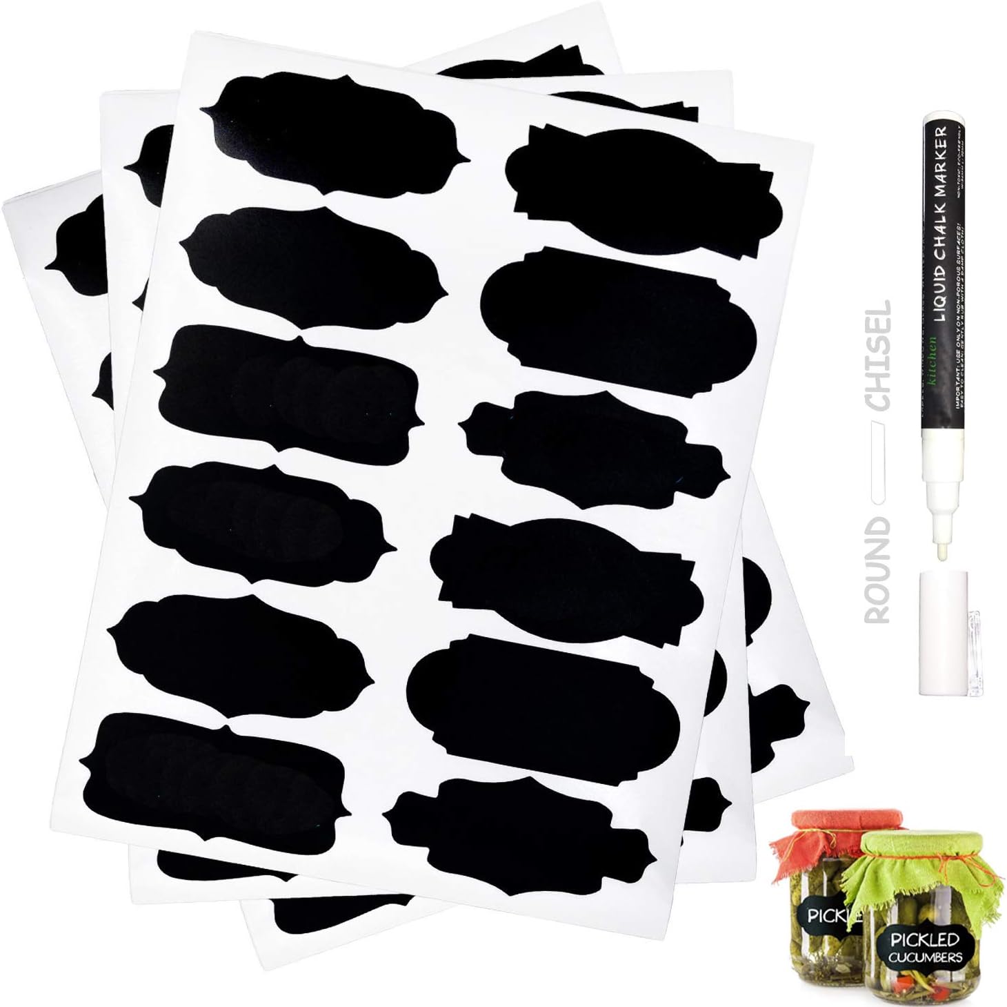 Chalkboard Labels - 60 Removable Waterproof Blackboard Stickers with 3mm White Chalk Marker for Labeling Mason Jars, Parties, Craft Rooms, Weddings and Organize Home & Kitchen