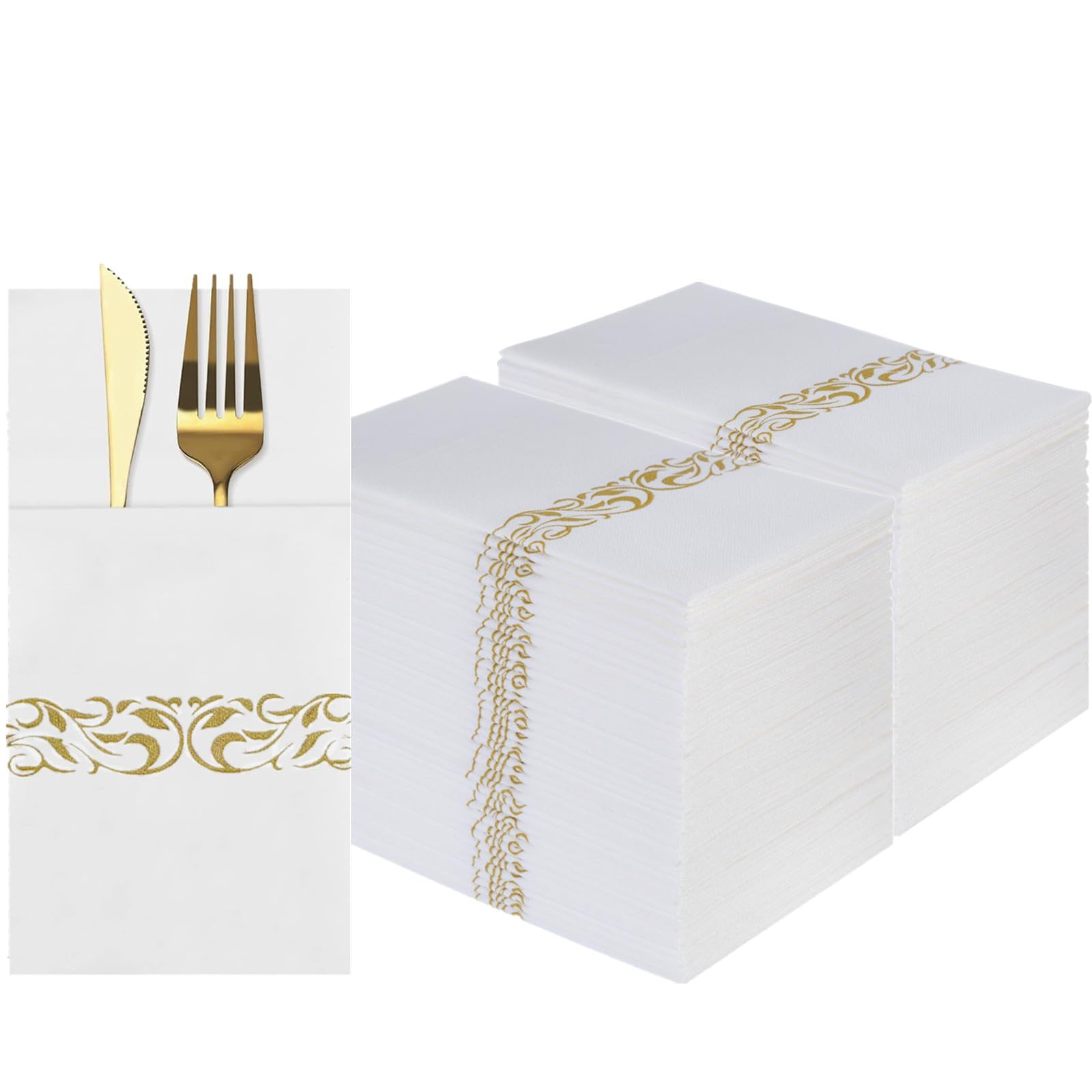 DADAWU White Table Dinner Napkins, Linen-Feel Disposable Napkins with Built-in Flatware Pocket,Gold Paper Napkins for Party, Wedding, Pack of 100