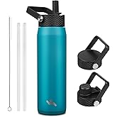 25oz Insulated Stainless Steel Water Bottle with Straw and 3 Lids, BPA-Free Sports Water Bottle,travel water bottle,Lake Blue