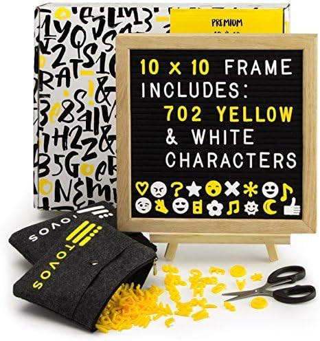 Felt Letter Board Set: Black Message Board in Solid Oak Frame, 10" x 10" with 702 Letters (362 Bright Yellow & 340 White), Adjustable Wood Easel Stand, Precision Scissors & 2 Zippered Storage Pouches