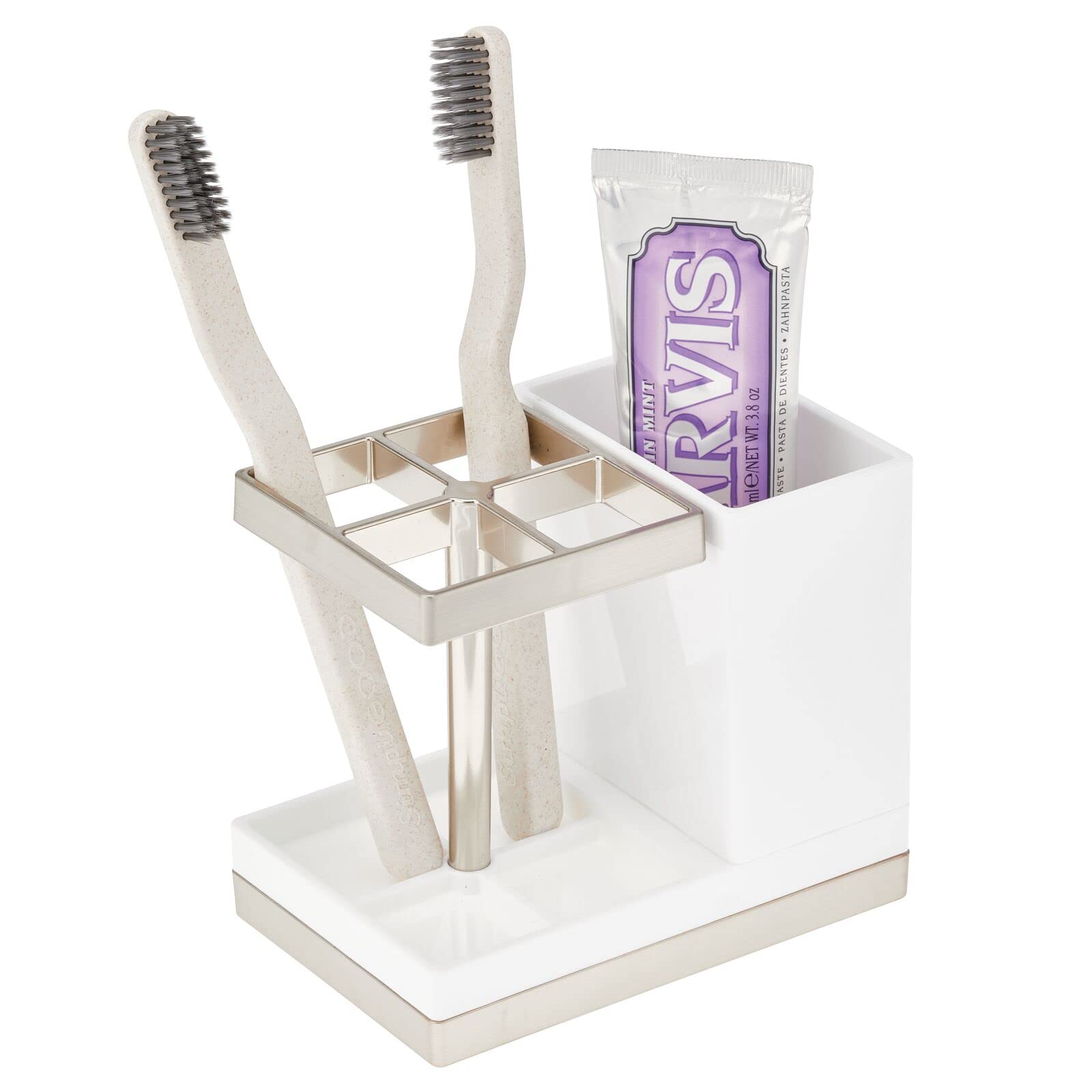 mDesign Free-Standing Toothbrush Holder – Toothbrush Stand with Toothpaste Compartment – Stylish and Practical Dental Care – White/Brushed Metal