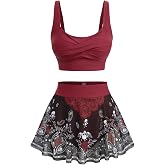 ROSE GAL Plus Size Skulls Gothic 2 Piece Swimsuits for Women Goth Two Piece Tankini Set Cross Twist Padded Bathing Suits