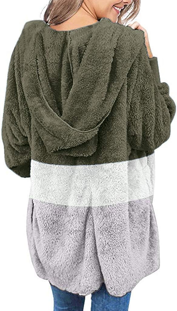 GREFER-Women Warm Winter Fleece Fuzzy Faux Shaggy Overcoat Lightweight Open Front Hooded Cardigans