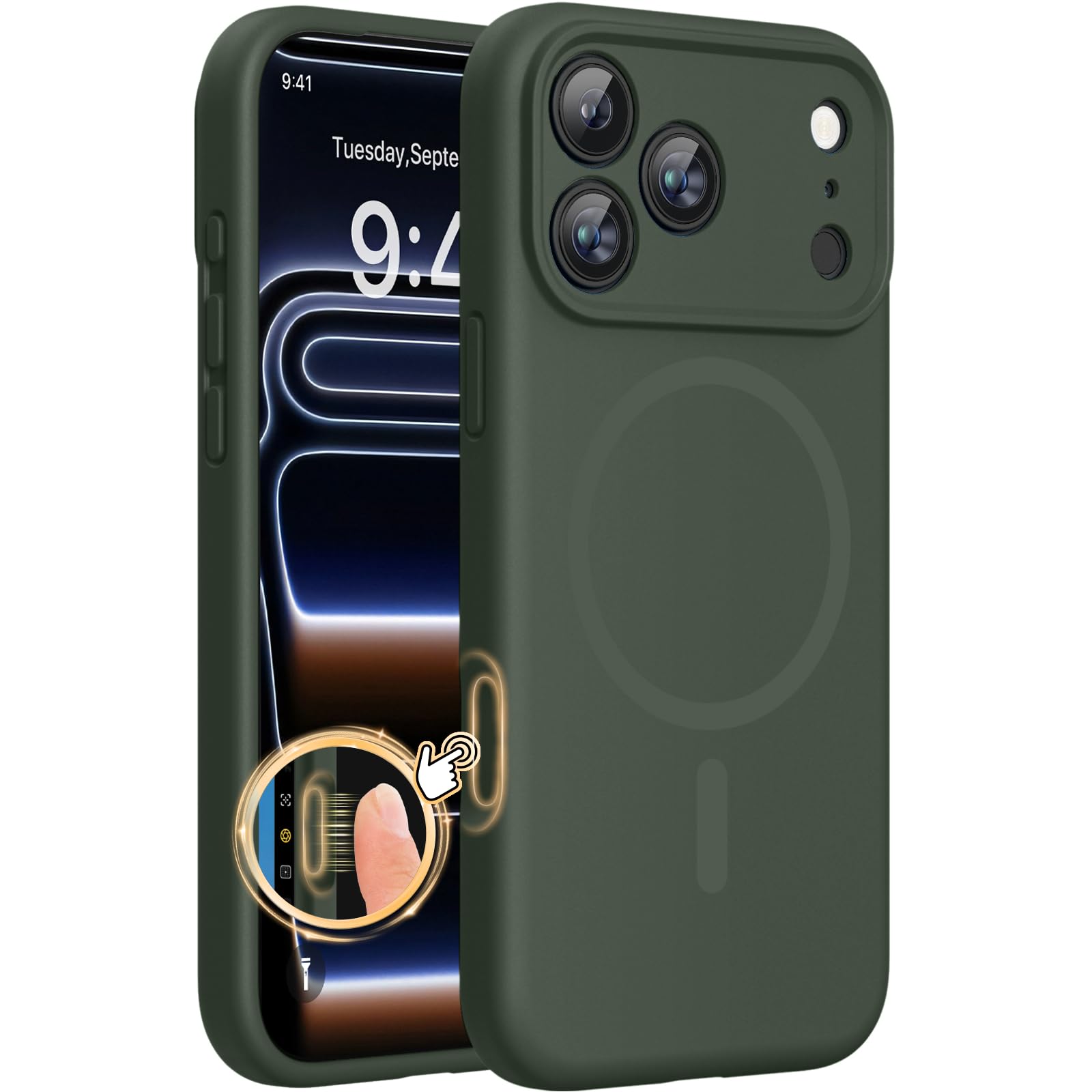 Photo 1 of Miracase Magnetic for 17 Pro Max Case, Compatible with MagSafe, Integrated Silicone Camera Control Cover, 3.0mm Thicken Shockproof Drop Protection Phone Case for 17 ProMax, Dark Green