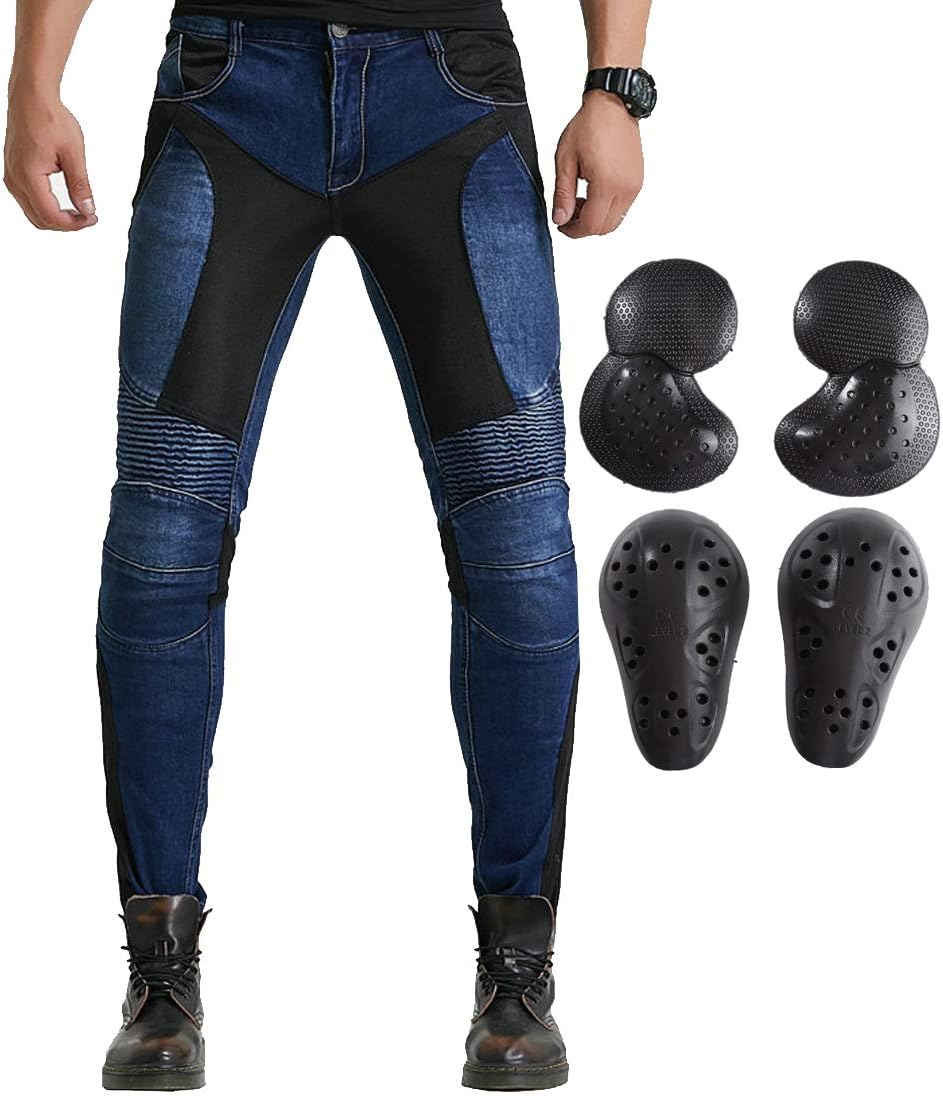 Summer Mesh Motorcycle Riding Jeans with Armor Motocross Racing Slim Stretch Pants (XXL=36, Blue)