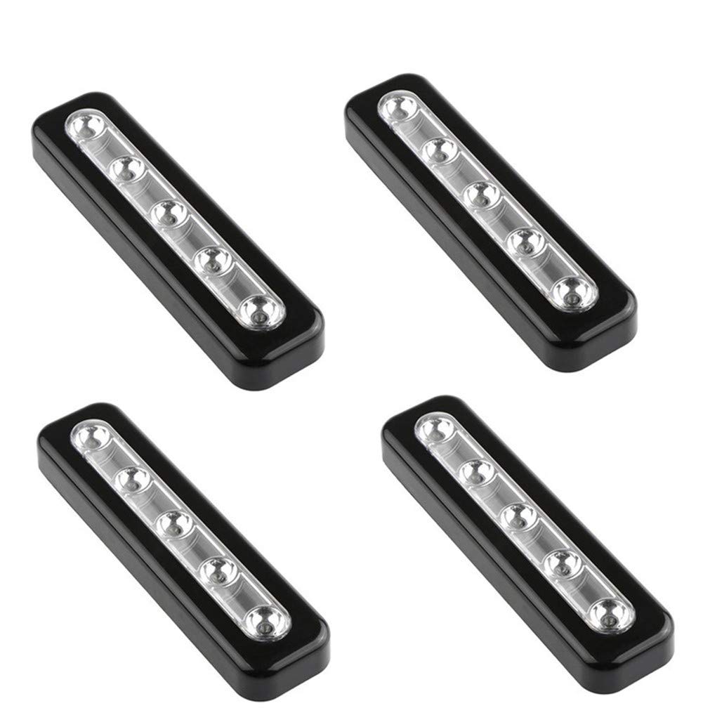 WeFoonLo Pack of 4, DIY Stick-on 5 LED Touch Tap Lights Battery-Powered Push Night Light for Closets, Cabinets, Cupboard, Hallway, Stairs, Attics, Garages, Car, Sheds, Storage Room (Black)