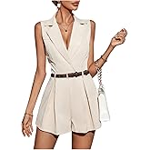 SOLY HUX Women's V Neck Collar Sleeveless Romper Pleated Wide Leg Loose Short Jumpsuit