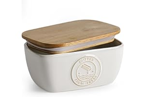 Getstar Ceramic Butter Dish with Acacia Lid for Countertop, Silicone Sealing, Farmhouse Kitchen Counter Decor, Large Butter Keeper Container (6.5”x4”)