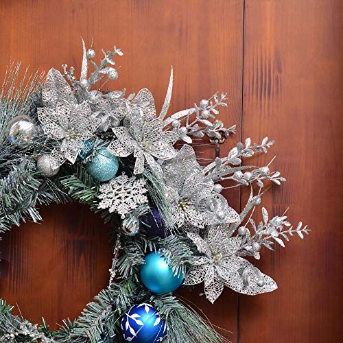 Valery Madelyn 6 Packs Silver Glitter Christmas Decorations with Artificial Christmas Flower and Leaf for Christmas Decoration and Home Decor
