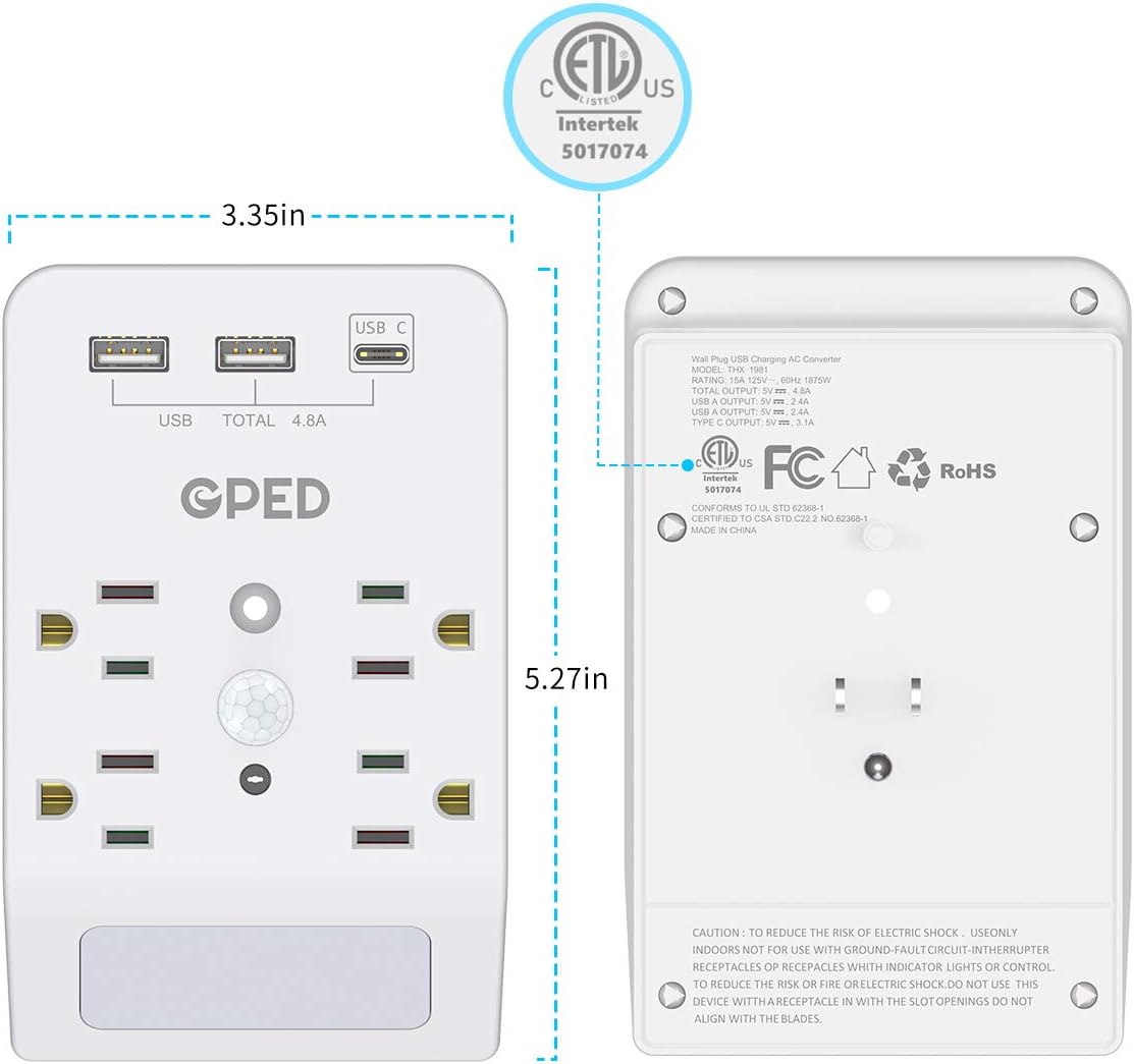 USB Wall Outlet, Surge Protector, Plug-in Night Light with 2 USB & 1 Type-C 4.8A Ports 4 Outlet, Intelligent Nightlight with Motion & Light Sensor, ETL Listed, Suitable for Living Room,Kitchen: Home Audio & Theater