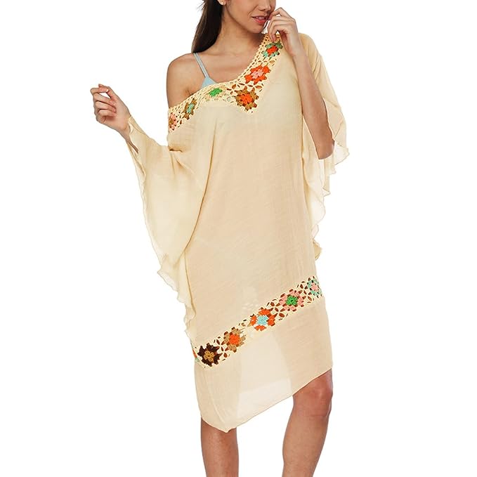 Oliveya Women Bohemian Embroidery Cover Up Swimsuit Beachwear Bikini Beach Dress