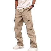 RoseSeek Men's Straight Leg Cargo Pants Drawstring Waist Outdoor Hiking Pants Trousers with Pockets