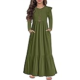 HOSIKA Girls Fall Ruffle Long Sleeve Crew Neck Loose Casual Flowy Tiered Maxi Dress with Pockets for 6-12 Y