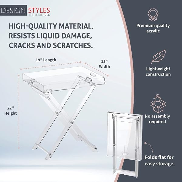 DESIGNSTYLES ACRYLIC FOLDING TRAY TABLE – MODERN CHIC ACCENT DESK – KITCHEN AND BAR SERVING TABLE – ELEGANT CLEAR DESIGN