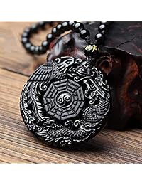 c1lint7785631 Pure Natural Obsidian Pendant Necklace Obsidian Crystal Pendant Necklace Pattern with Extend Bead Chain for Men or Women