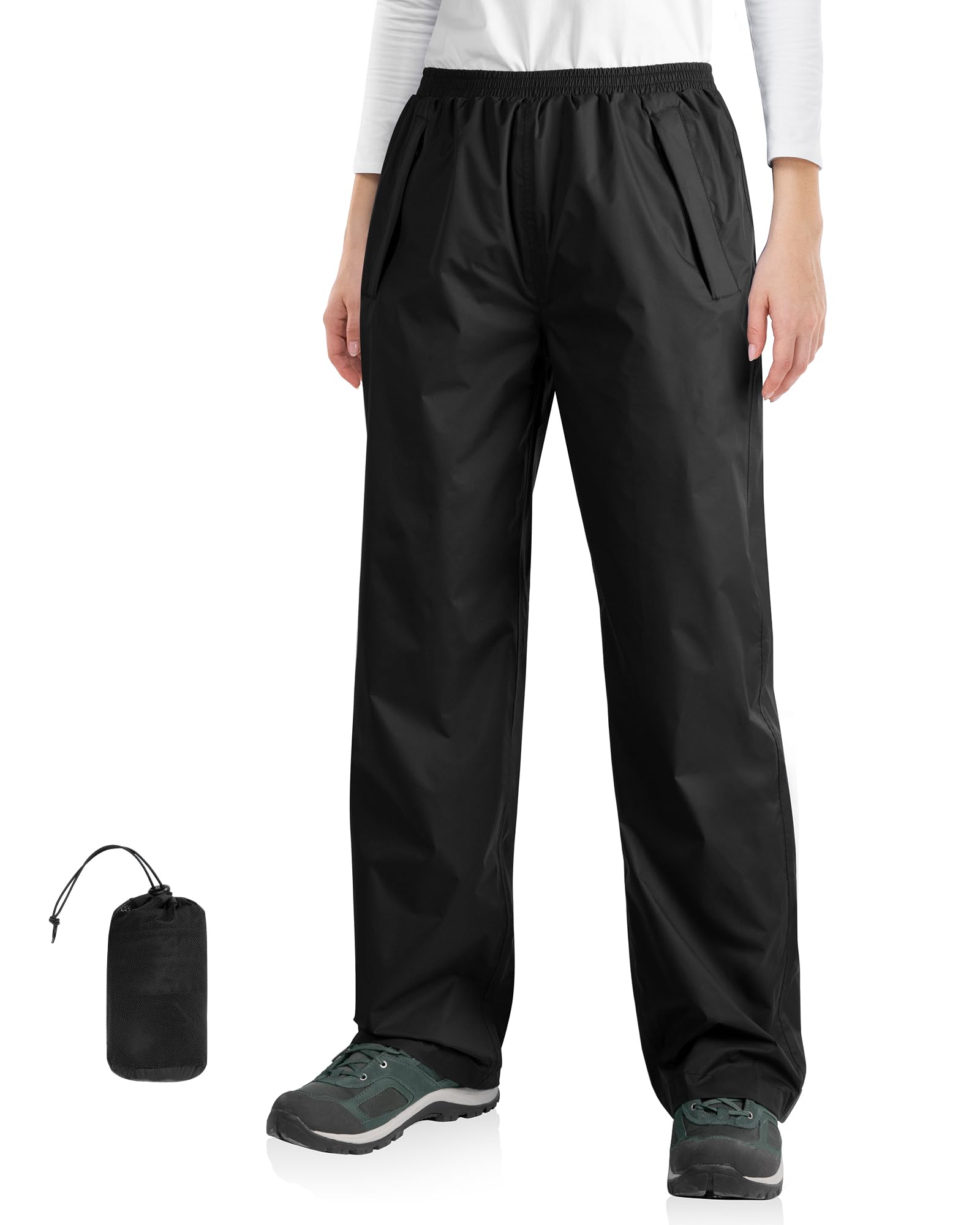 Photo 1 of 33,000ft Packable Rain Pants for Women Waterproof Pants Lightweight Rain Over Pants Outdoor Windproof Pant for Golf Hiking Black