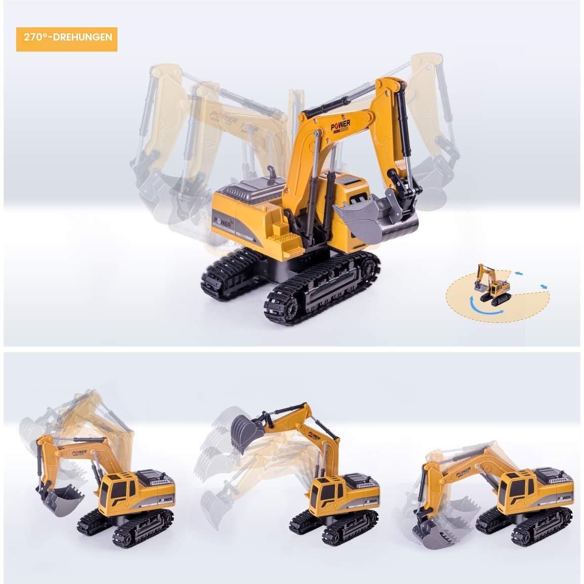 Highttoy Ferngesteuerter Bagger Kinder, 6 Kanal RC Bagger Traktor Spielzeug ab 3 4 5 6 7 8 Jahre Jungen Geschenk, 1:24 Ferngesteuertes Baustellenfahrzeug LKW Spielzeug mit LED und Ton 3