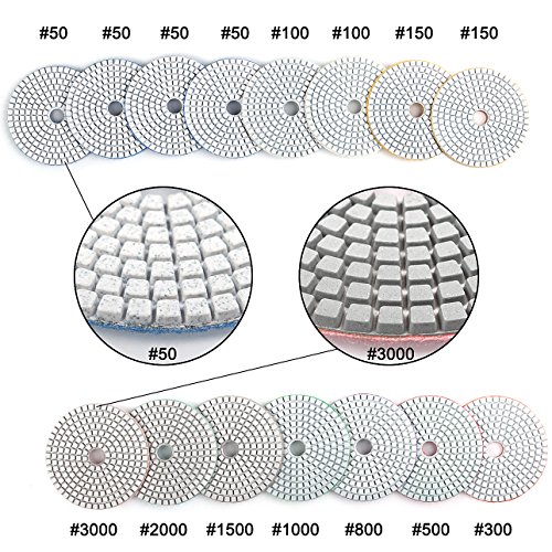 ADVcer 15pcs 4" Wet Diamond Polishing Pads Set - 50 to 3000 Grit Hook and Loop Backing Sanding Discs - Ideal Buffing Kit for Granite Concrete Marble Stone Countertop Ceramic Floor Grinder or Polisher - Thumbnail 3