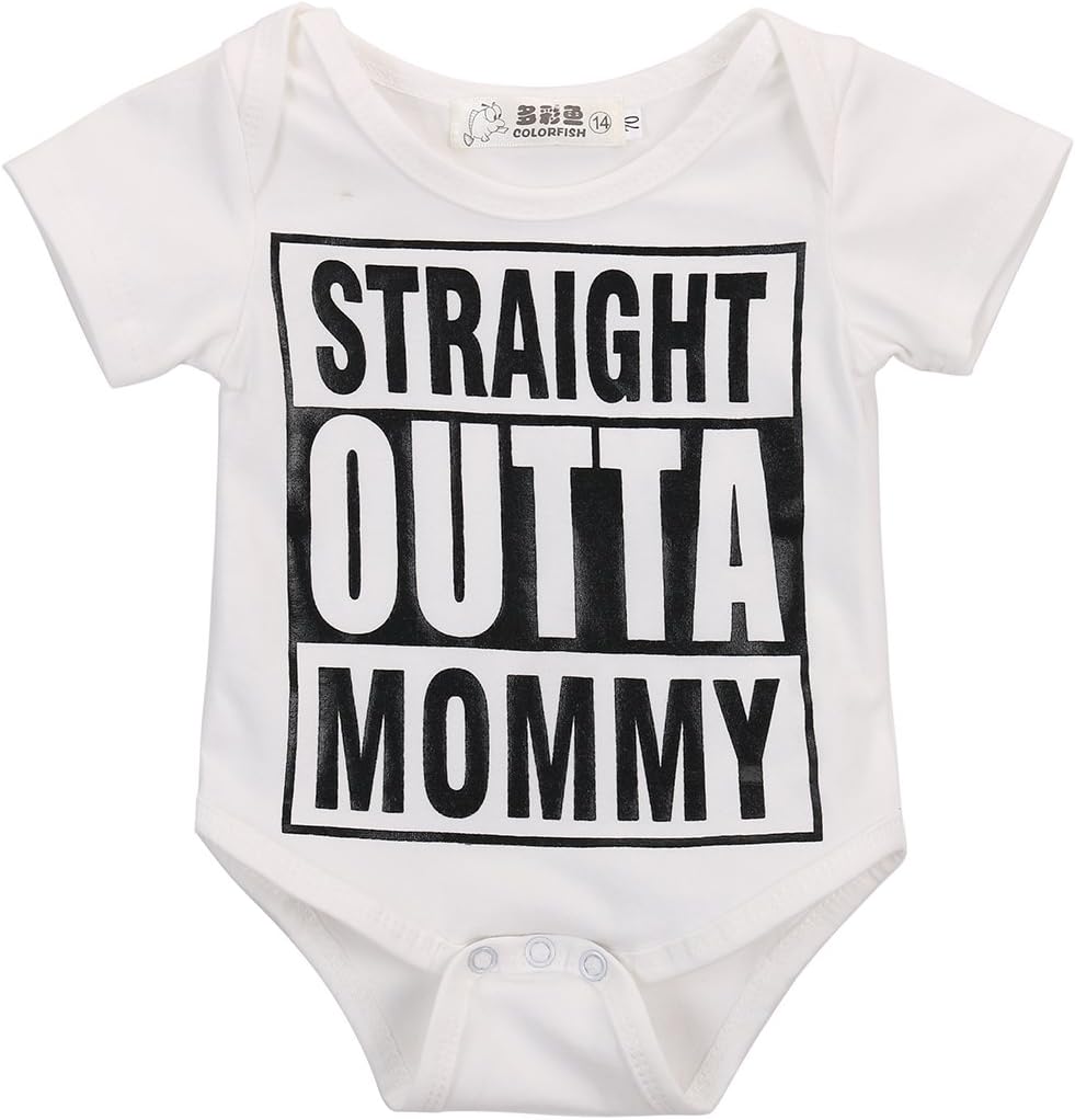 Newborn Baby Girl Boy Bodysuit, Straight Outta Mommy Printed Short Sleeve Romper White