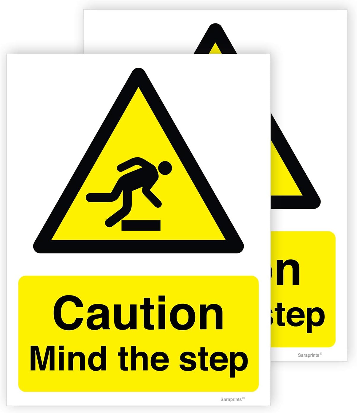 Pack of 2 Mind the Step Sticker (200 x 150 mm) Self Adhesive Waterproof Mind the Step Sign Sticker for Surface Sara Prints®