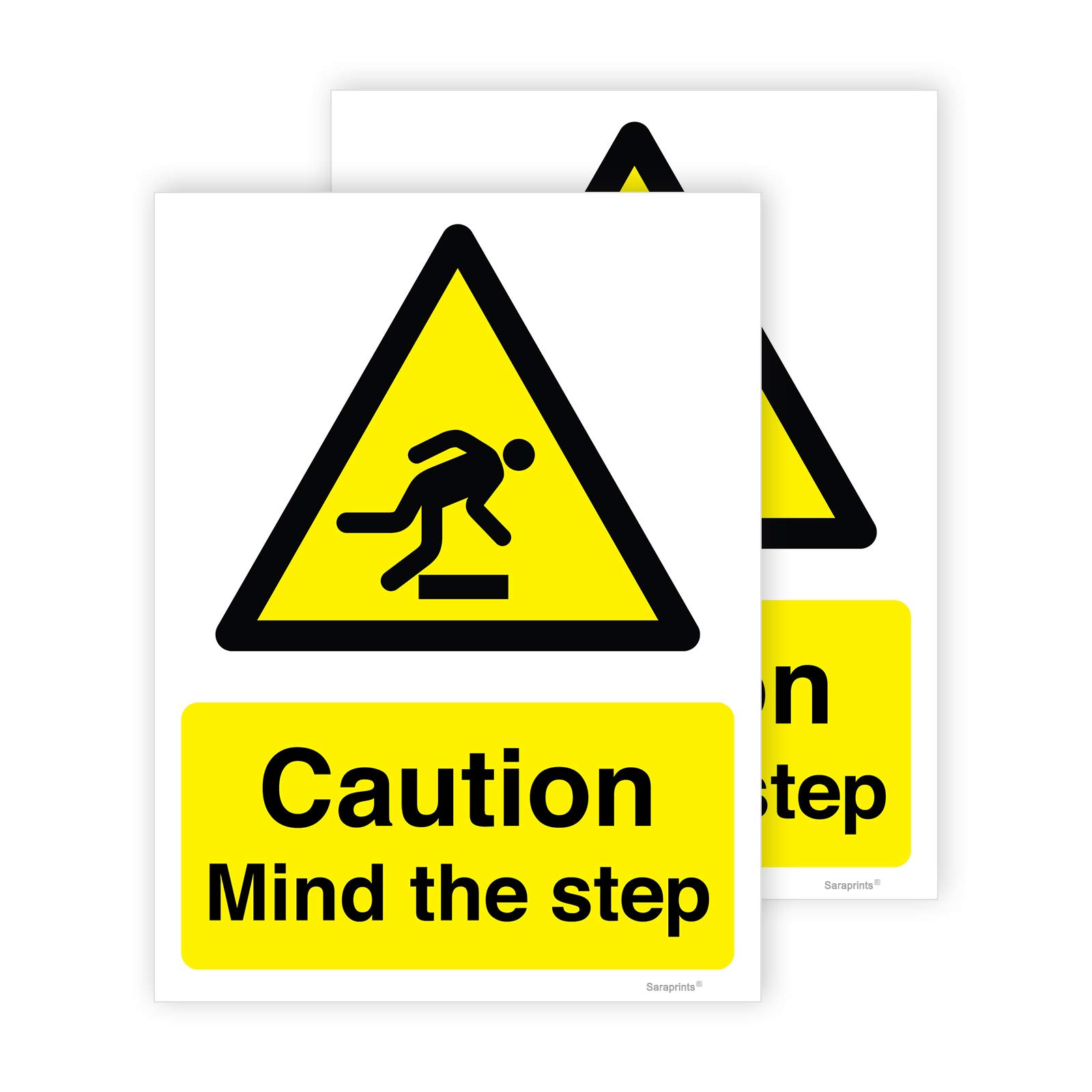 Pack of 2 Mind the Step Sticker (200 x 150 mm) Self Adhesive Waterproof Mind the Step Sign Sticker for Surface Sara Prints®