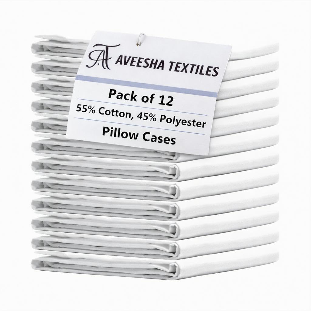 Aveesha 12 Pack Poly Cotton Pillow Cases - Standard Size White Pillowcases - 180 Thread Count Percale Weave Pillow Covers - Perfect for Home, Hotels and Hospital Use