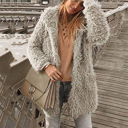 Forthery-Women Winter Warm Fuzzy Fleece Lapel Long Cardigan Coat Faux Fur Hooded Outwear(Khaki,XXL)