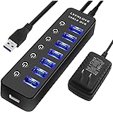 LYFNLOVE USB Hub 3.0 Splitter,7 Port USB Data Hub with Power Adapter and Charging Port,Individual On/Off Switches and Lights for Laptop, PC, Computer, Mobile HDD, Flash Drive and More