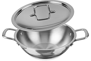 KSJONE 1-Quart Tri-Ply Stainless Steel Kadai with Lid, Less Oil Use, Healthy Cooking, Food Safe, Stay Cool Handles, Compatibl