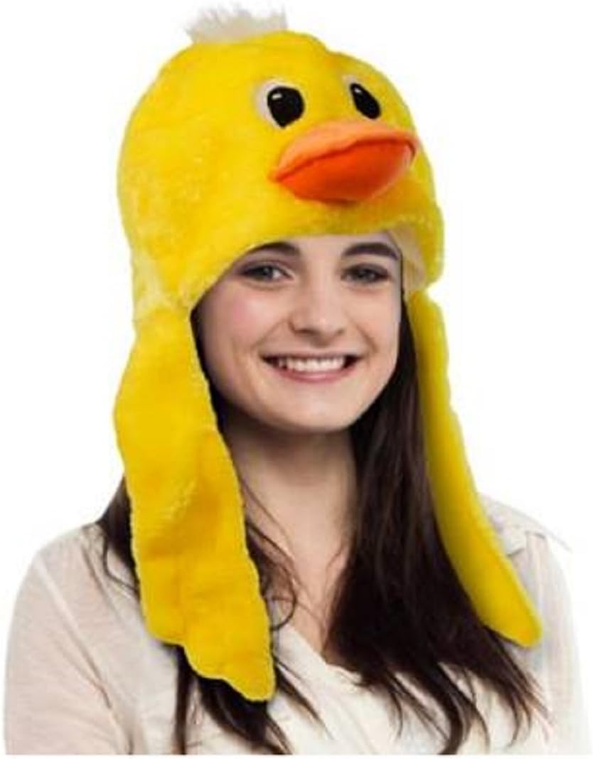 Plush Animal Hat - Duck - Yellow With White Hair tuft, Orange Beak and Embroidered Eyes - Perfect For Easter Gift or Costume