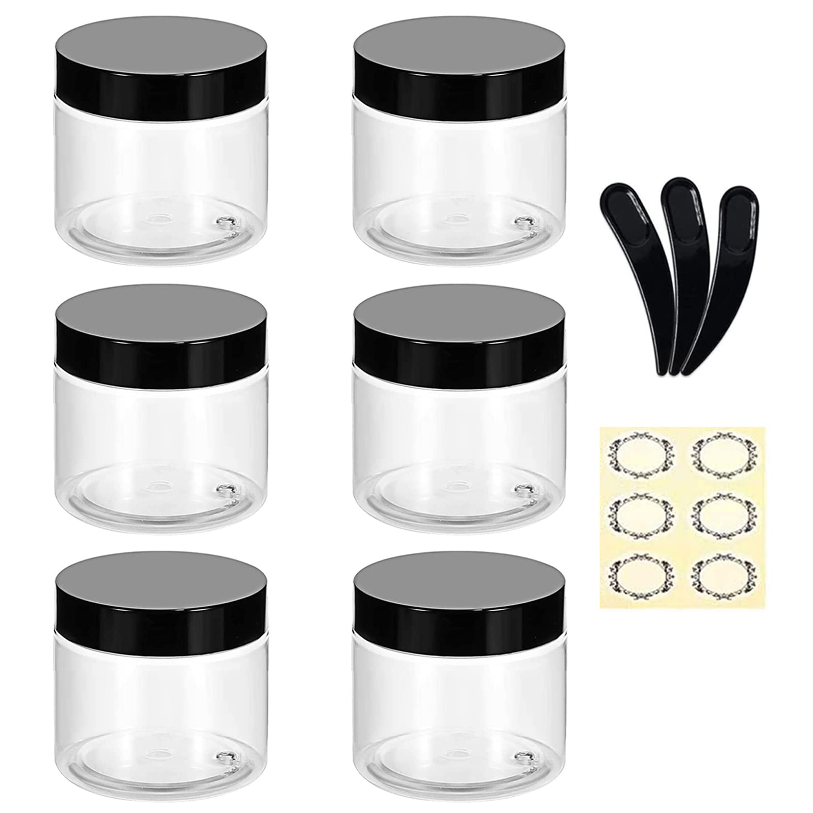 Alledomain 6Pcs 100g/100ml Clear Plastic Jars with 3Pcs Mini Spatulas & Labels Round Cosmetic Sample Container with Inner Liners & Black Lids for Lotions Cream Ointments Travel Makeup Beauty Storage
