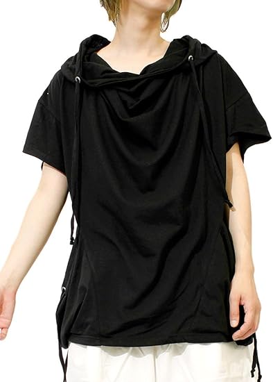Amazon ビッグ フード パーカー メンズ Tシャツ 半袖 ポケット カットソー デザイナーズ ドレープ ポンチョ 日本製 国産 F ブラック Tシャツ カットソー 通販