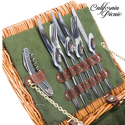 Picnic Basket Set for 4 Person Picnic Hamper Set | Double Lid | Beach Collection | Folding Picnic Blanket Ceramic Plates Metal Flatware Wine Glasses S/P Shakers Bottle Opener Green Lining Picnic Set - Thumbnail 3