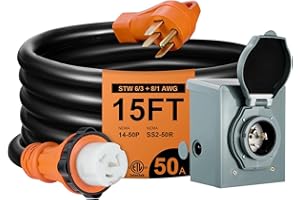 FILLUCK 50 Amp Generator Cord with Power Inlet Box,15FT Generator Cords,Heavy Duty 6/3+8/1 AWG STW,NEMA14-50P/SS2-50R Generator Power Cord,Twist Lock Connector,ETL Listed,Pre-drilled