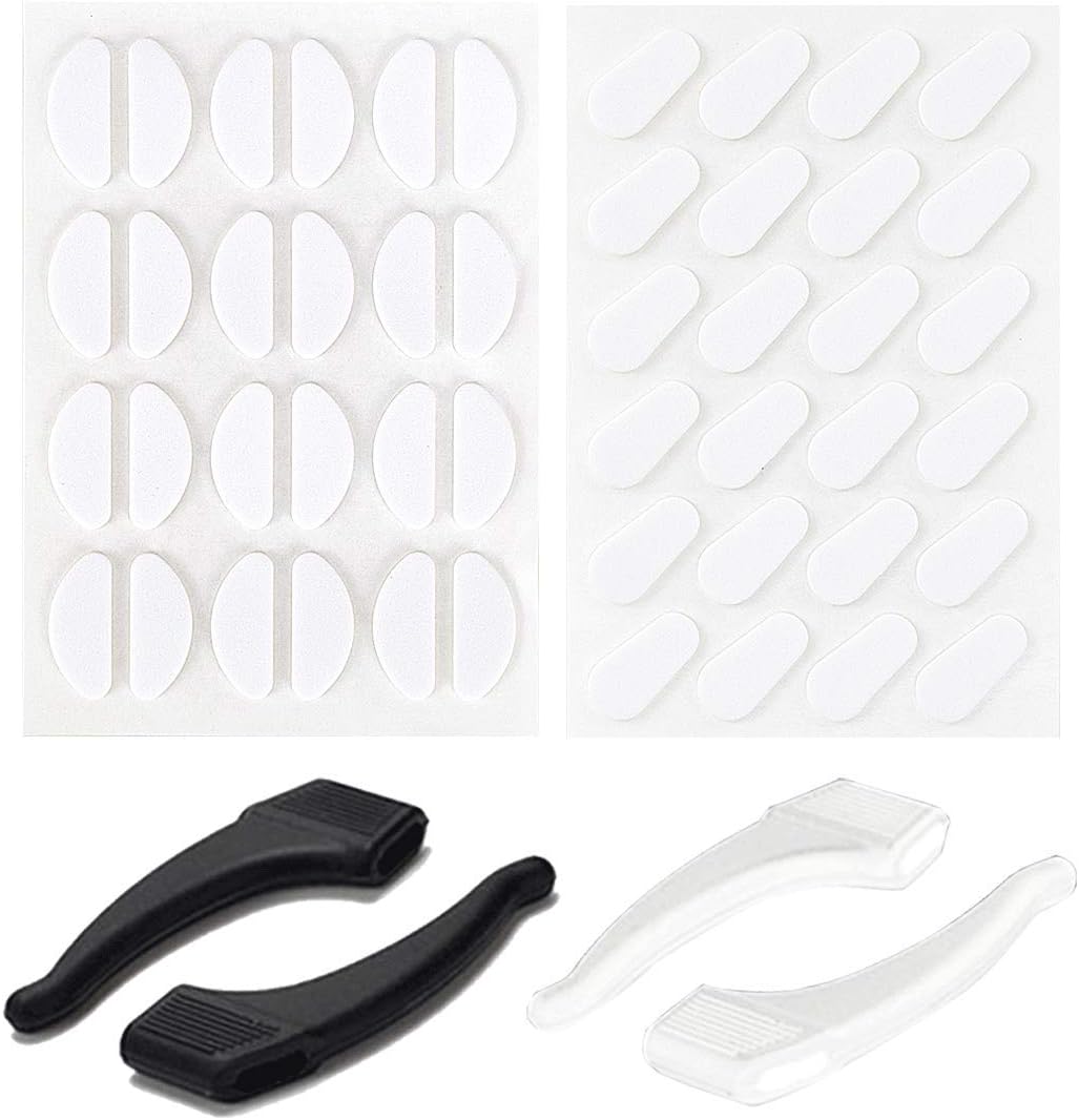 2 Styles Adhesive Anti Slip Soft Foam Nose Pads Thin Nosepads Replacement with 2 Pairs Silicone Glasses Ear Grip Hooks Holder for Sport Glasses Eyeglasses Spectacles Sunglasses, White (1 mm Thick)