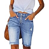 LONGYIDA Jean Bermuda Shorts for Women Knee Length High Waisted Button Fly Ripped Denim Shorts