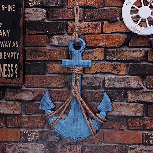 Waroom Home Wooden Anchor with Rope and Crossbar, Blue Wood Nautical Decor Anchor Wall Hanging Ornament Plaque, 18’’H 12.5’’W - Thumbnail 2