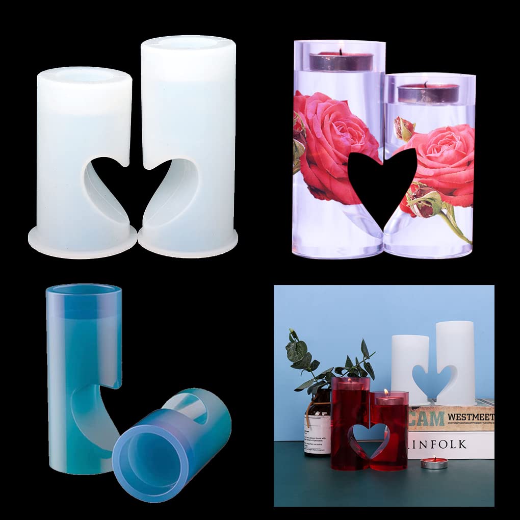 FineInno 2pcs Heart Shape Candle Holder Resin Moulds Candlesticks Silicone Mould Tealight Holder Resin Casting Mould DIY Epoxy Decoration Crafts for Valentine’s Day